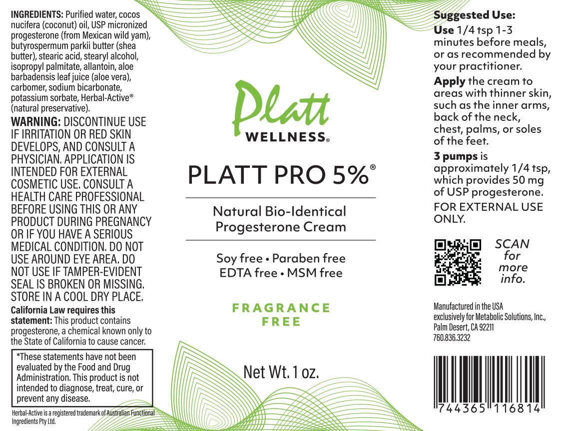 Platt Pro 5% fragrance-free natural bio-identical progesterone cream travel size with 50mg USP progesterone per pump, soy and paraben free.