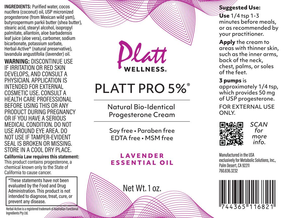 Travel size Platt Pro 5% progesterone cream with lavender essential oil, natural bio-identical formula, soy-free, paraben-free, designed to support hormonal balance and well-being.