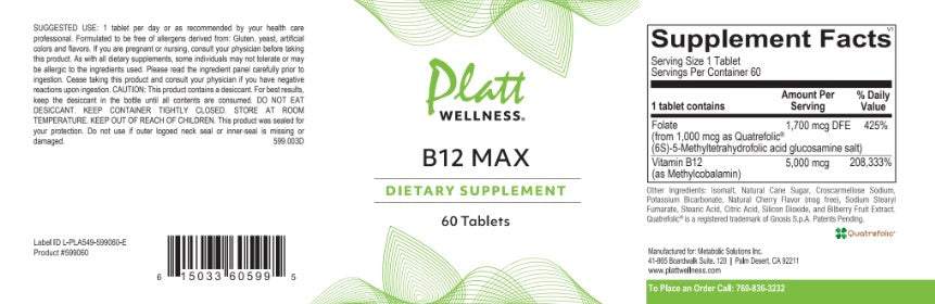 B12 Max dietary supplement with methylcobalamin for energy, nerve support, cardiovascular health, and absorption in MTHFR gene mutations.