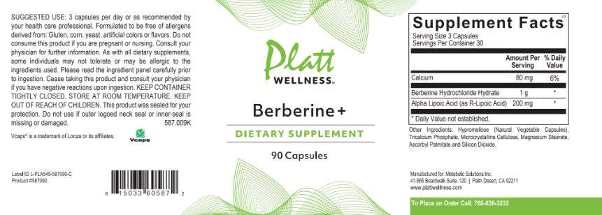 Platt Wellness Berberine Plus dietary supplement with 90 capsules for insulin resistance, blood sugar control, weight loss, and cardiovascular health.