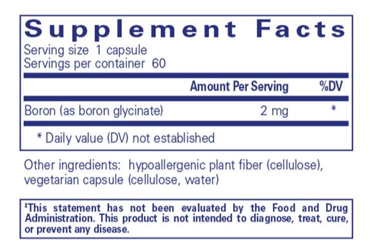 Supplement facts label showing boron glycinate 2 mg per capsule with hypoallergenic plant fiber and vegetarian capsule ingredients, supporting bone health and nutrient metabolism.