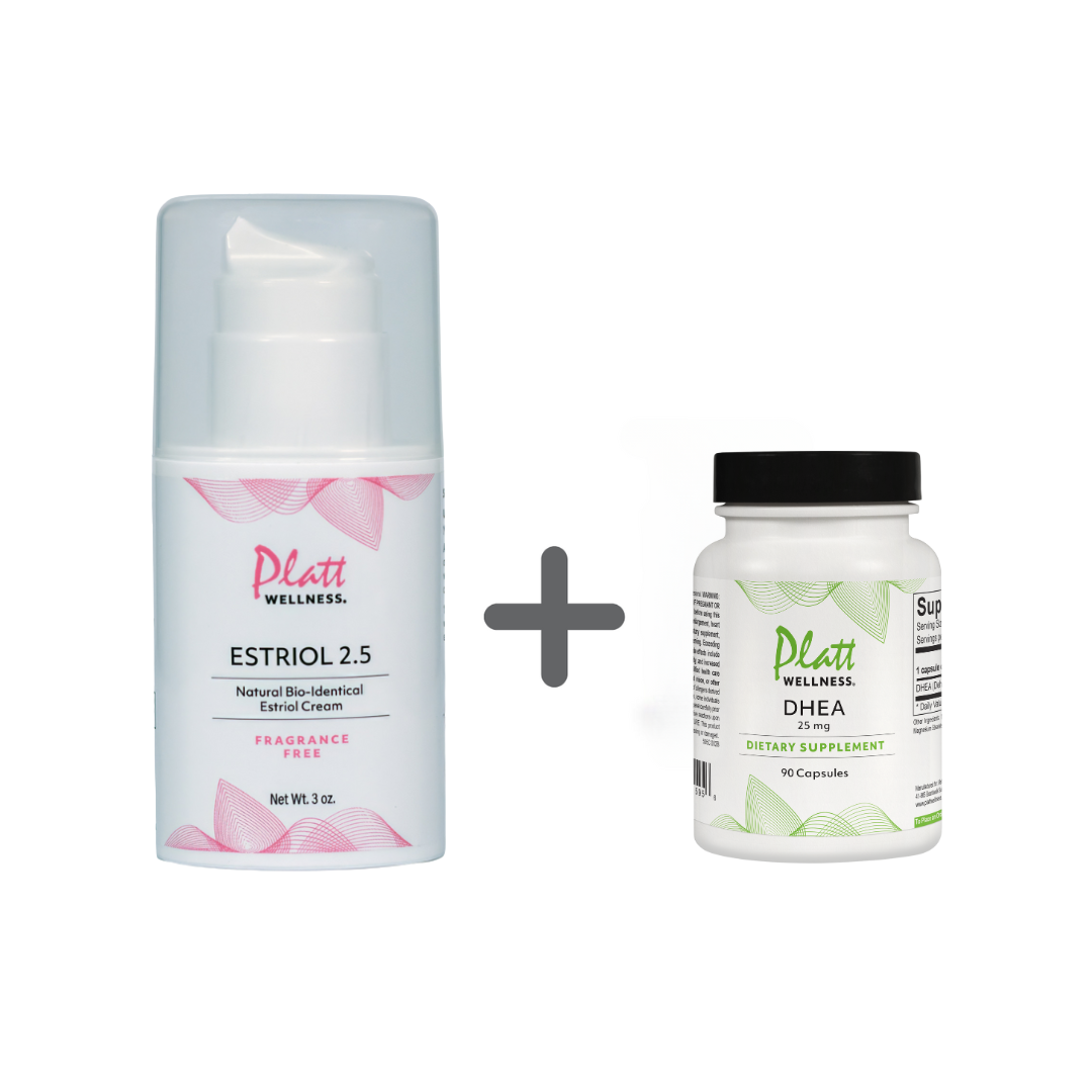 Estriol Cream 2.5mg bio-identical hormone cream and DHEA supplement capsules for vaginal dryness and hormonal support.
