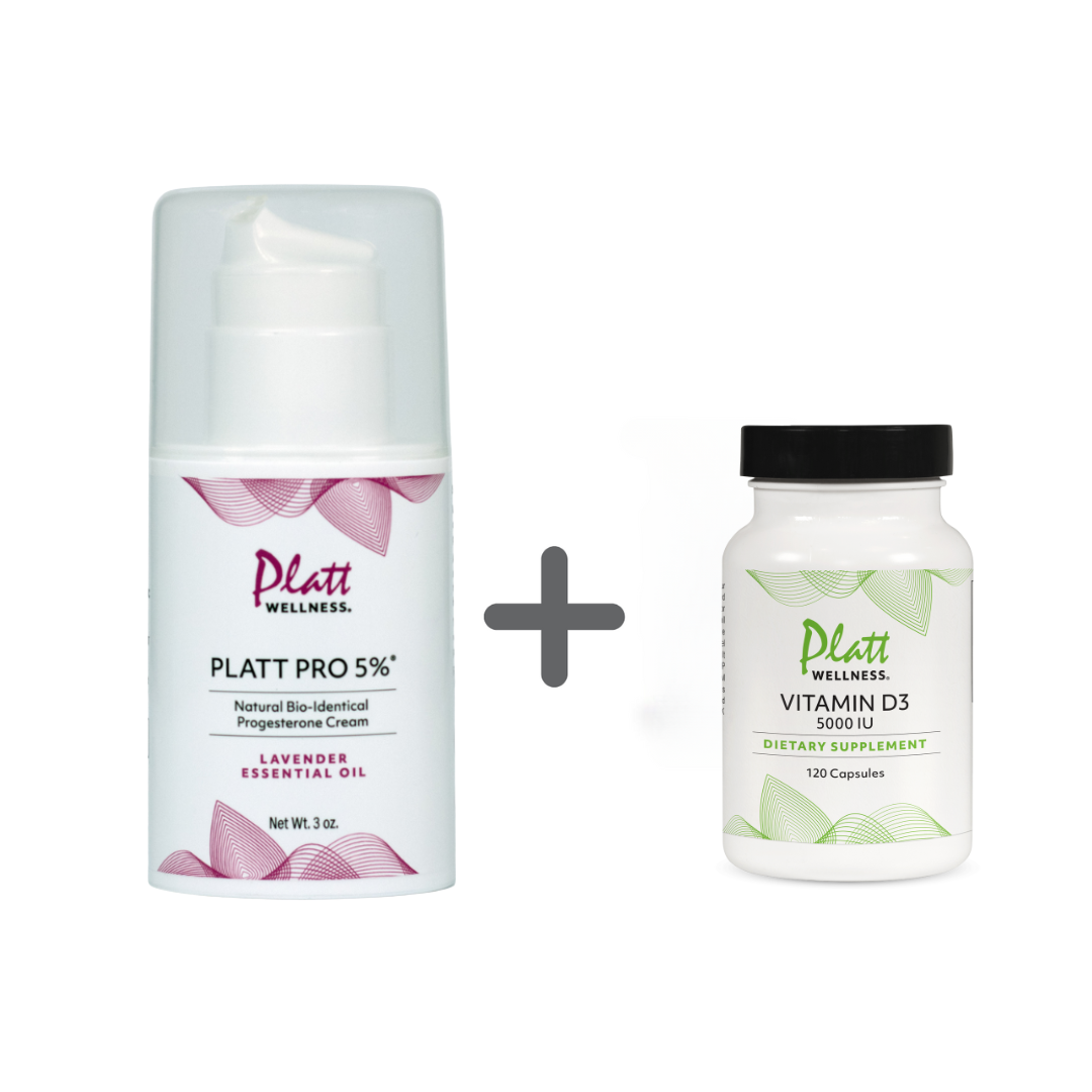 Platt Pro 5% Progesterone Cream with Lavender Oil and Vitamin D3 supplement capsules combo for hormone balance and immune support