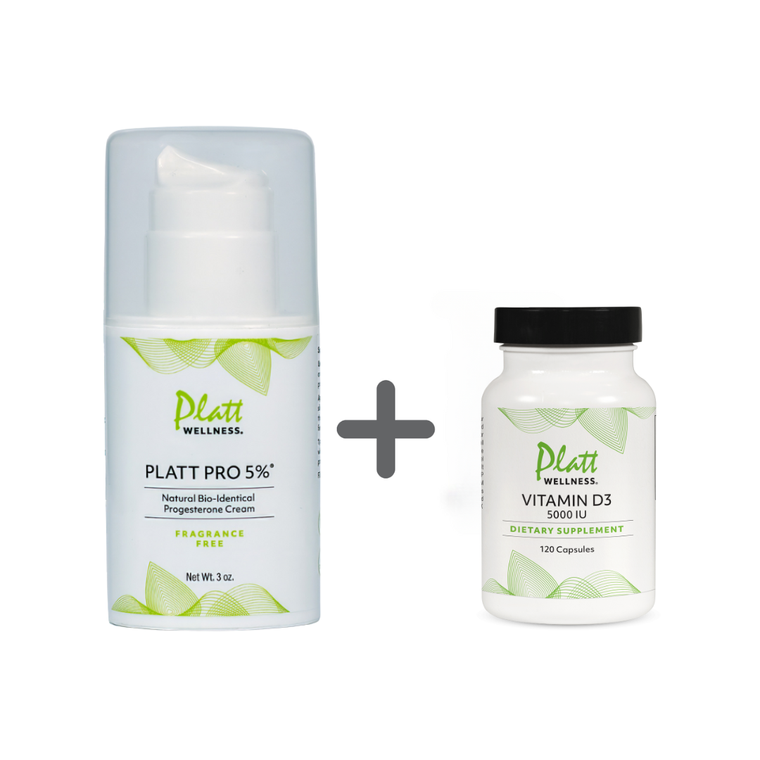 Platt Pro 5% fragrance-free progesterone cream and Vitamin D3 supplement combo for enhanced hormonal and immune support.