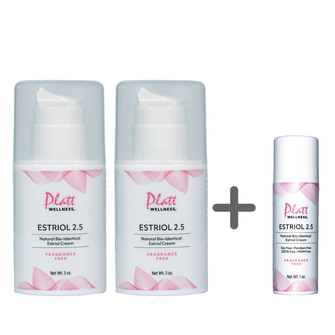 Two bottles of Platt Wellness Estriol Cream 2.5 mg with a free travel-size bottle, fragrance-free natural bio-identical estrogen cream