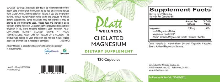 Platt Wellness Chelated Magnesium dietary supplement 120 capsules with three forms of highly absorbed magnesium for cardiovascular support and muscle relaxation