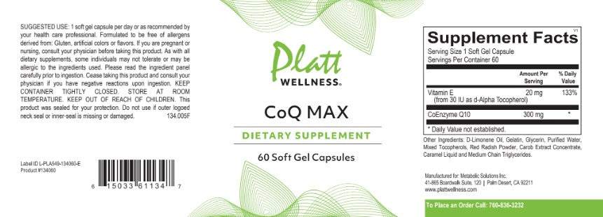 CoQ Max dietary supplement bottle with 60 soft gel capsules and CoQ10 300 mg detailed label