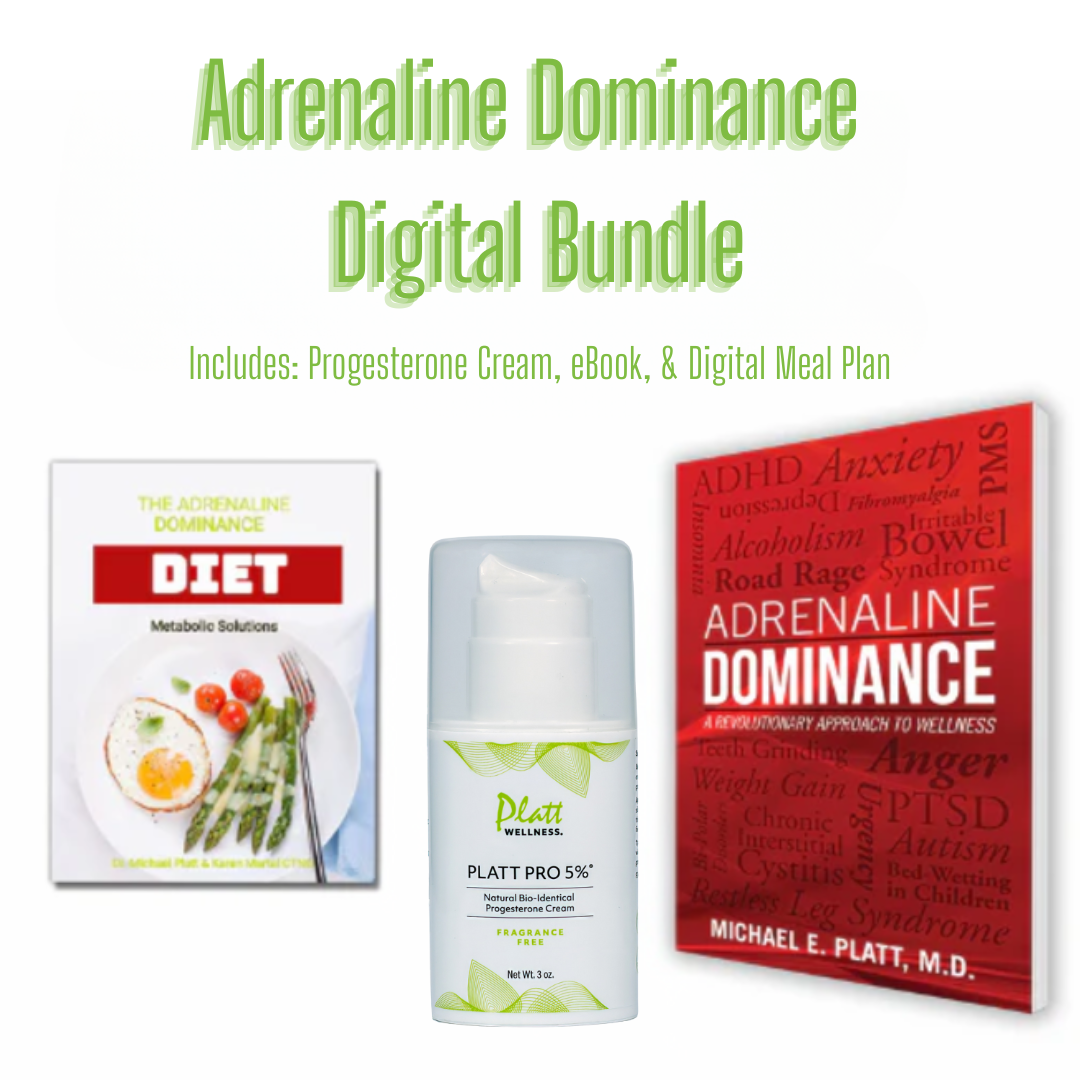 Adrenaline Dominance Bundle featuring Platt Pro 5% Fragrance Free Progesterone Cream, Adrenaline Dominance eBook, and digital meal plan for excess adrenaline management