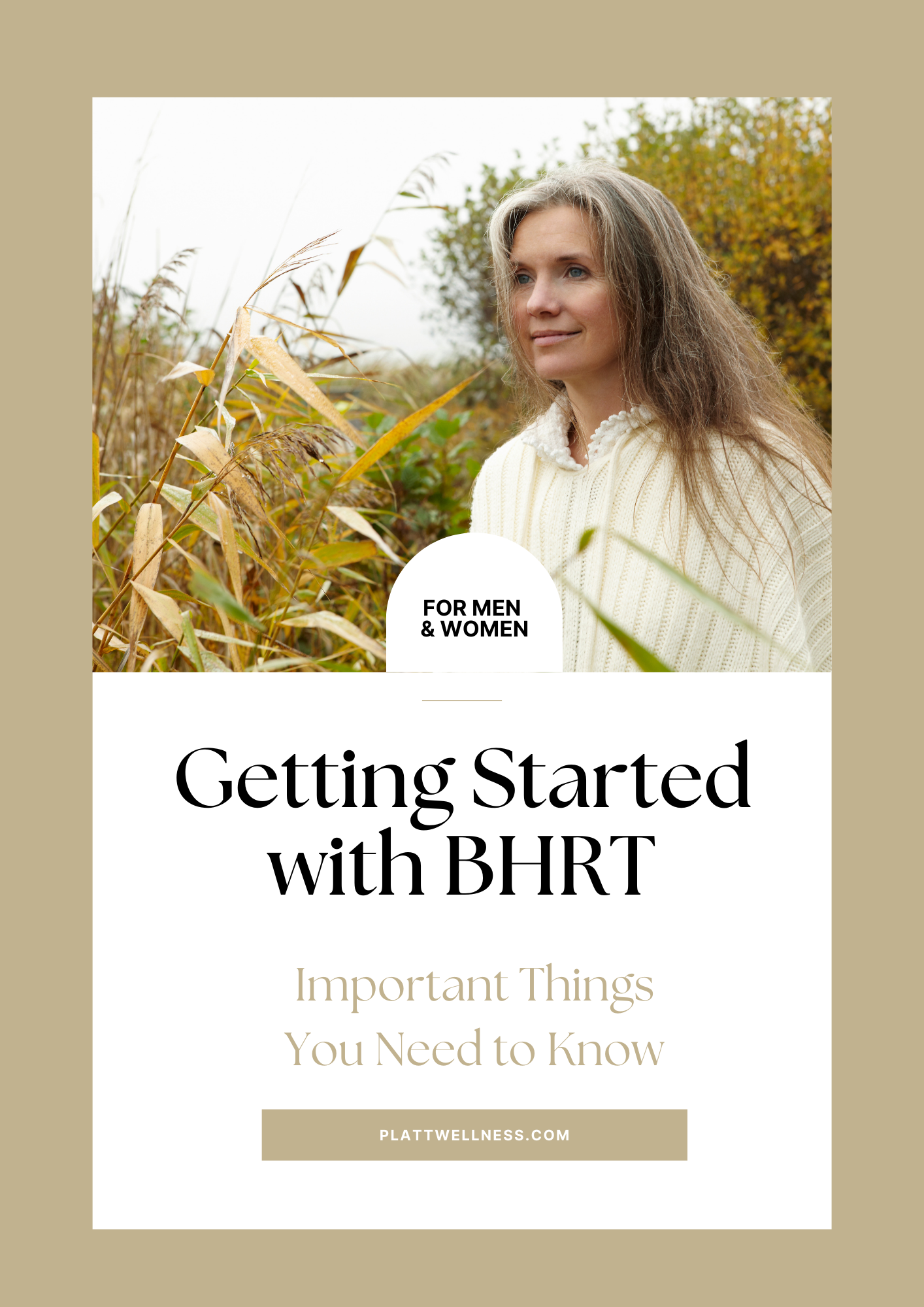Middle-aged woman outdoors surrounded by tall grasses promoting hormone balancing and BHRT for men and women guide