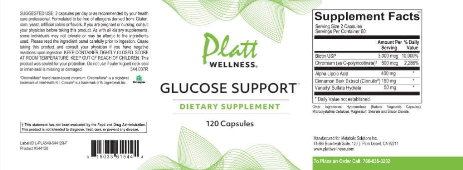 Glucose Support dietary supplement bottle with biotin, chromium, lipoic acid, and vanadyl sulfate for blood sugar and insulin support, 120 capsules