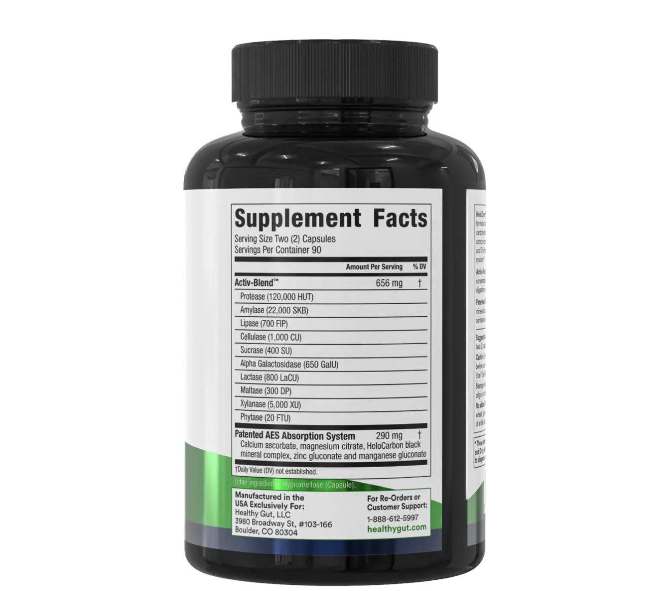 Black supplement bottle of HoloZyme fast acting enzymes with detailed supplement facts label and nutritional information