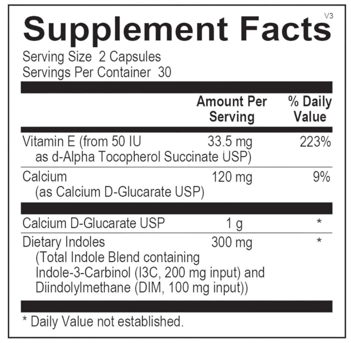 DIM-PRO with CDG supplement facts showing vitamin E, calcium D-glucarate, and dietary indoles for hormone balance.