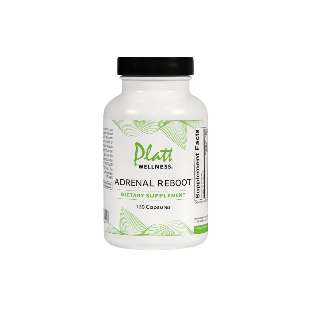 Bottle of Platt Wellness Adrenal Reboot dietary supplement with 120 capsules for adrenal health and stress support