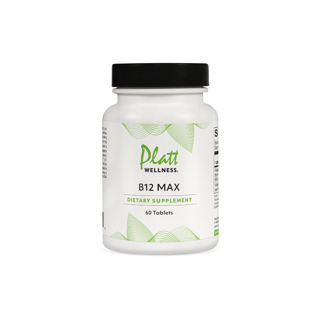 Bottle of Platt Wellness B12 Max dietary supplement with 60 tablets for methylcobalamin (B12) support.