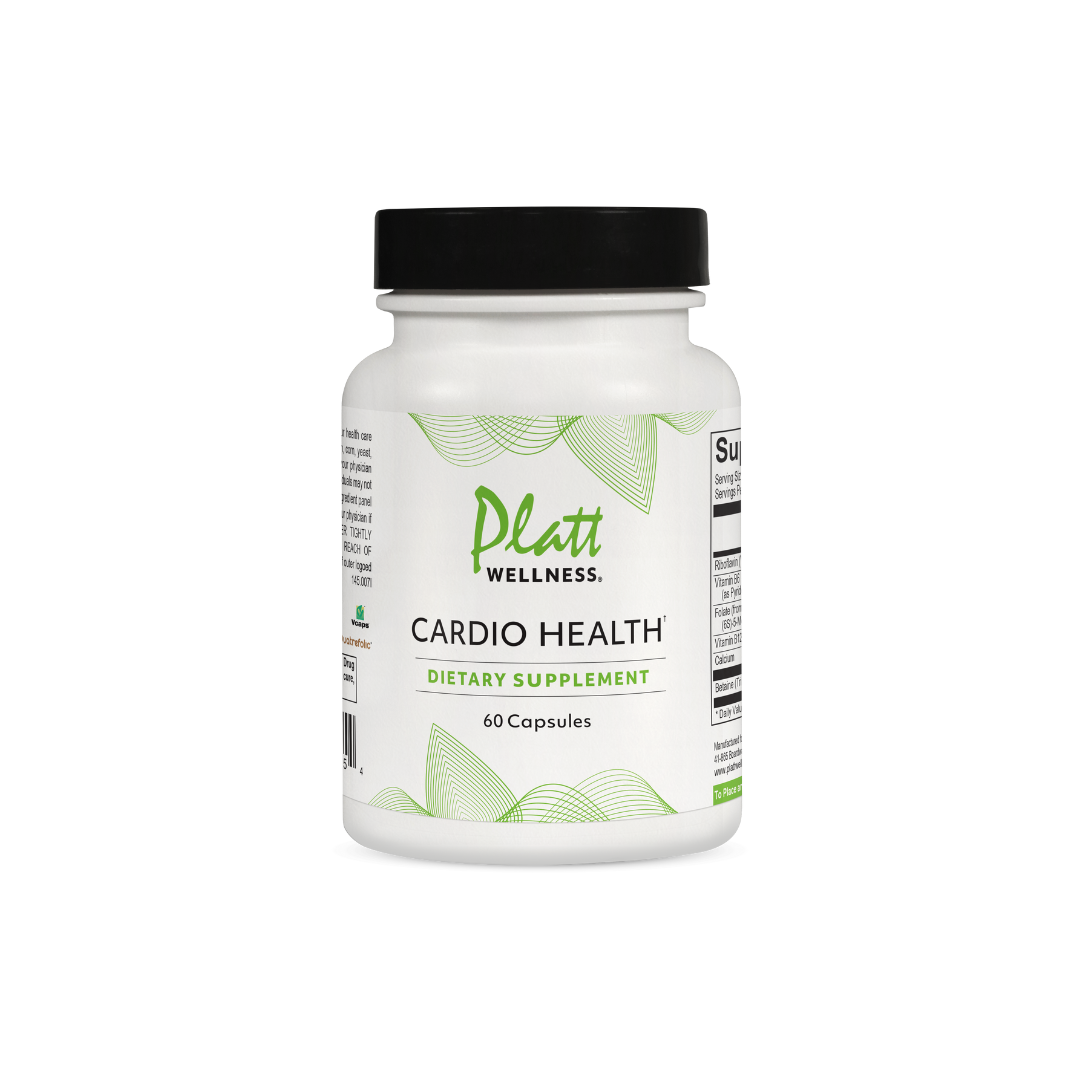 Platt Wellness Cardio Health dietary supplement bottle for heart and brain health with 60 capsules