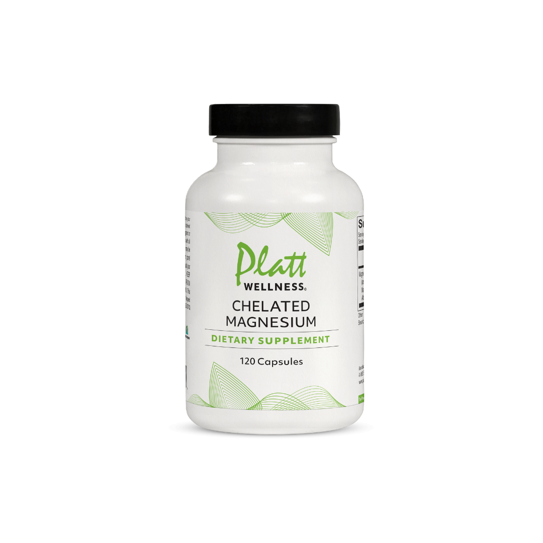Platt Wellness Chelated Magnesium dietary supplement bottle with 120 capsules for high absorption and cardiovascular support