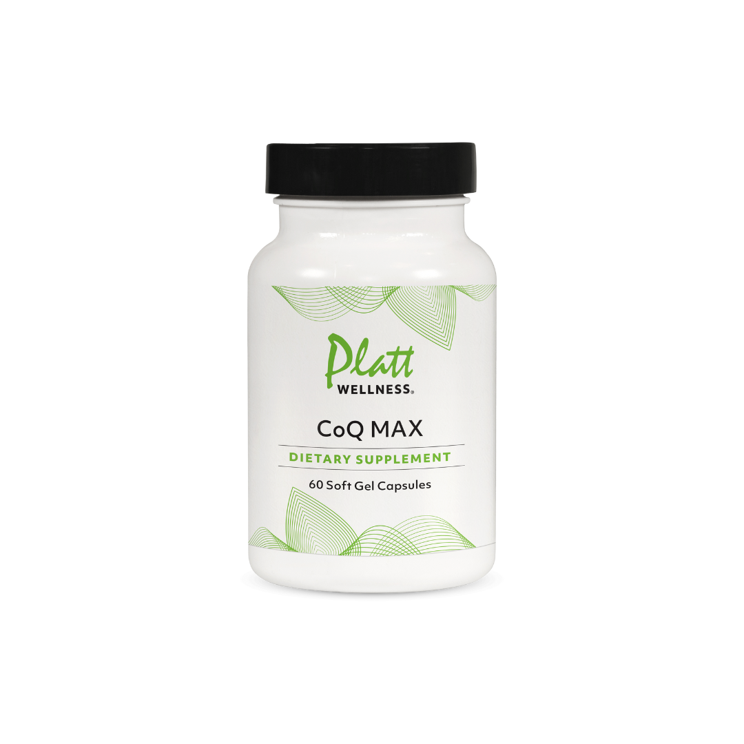 Platt Wellness CoQ Max 300 mg dietary supplement bottle with 60 soft gel capsules for CoQ10 support