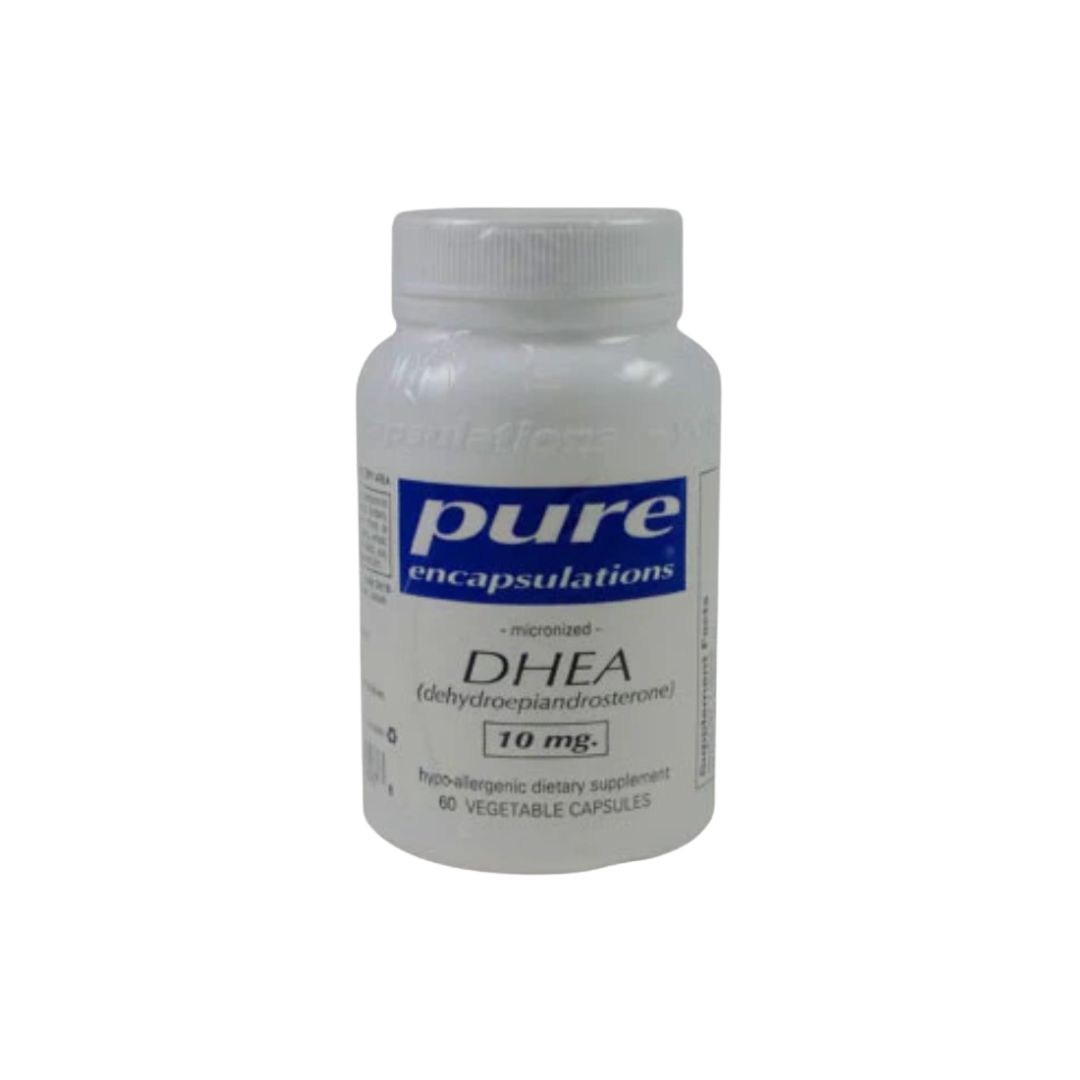 Bottle of Pure Encapsulations DHEA 10 mg dietary supplement with 60 vegetable capsules