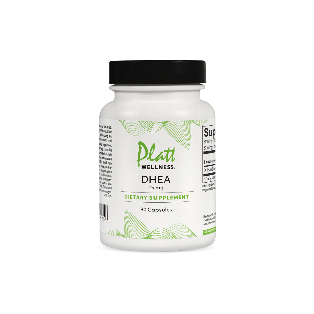 Platt Wellness DHEA 25 mg dietary supplement bottle with 90 capsules for anti-aging and improved energy.