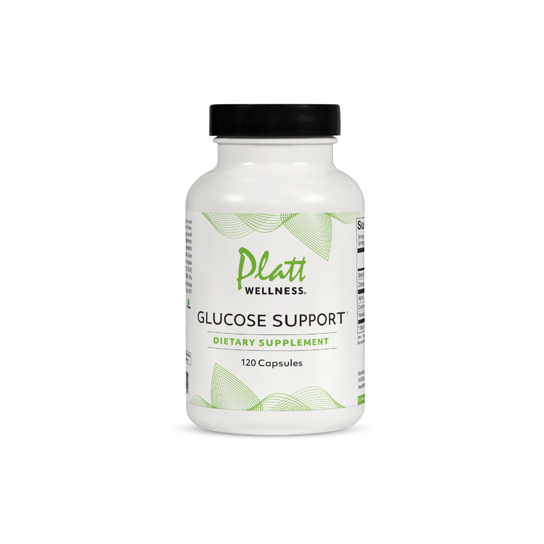 Platt Wellness Glucose Support dietary supplement bottle with 120 capsules for blood sugar and insulin support