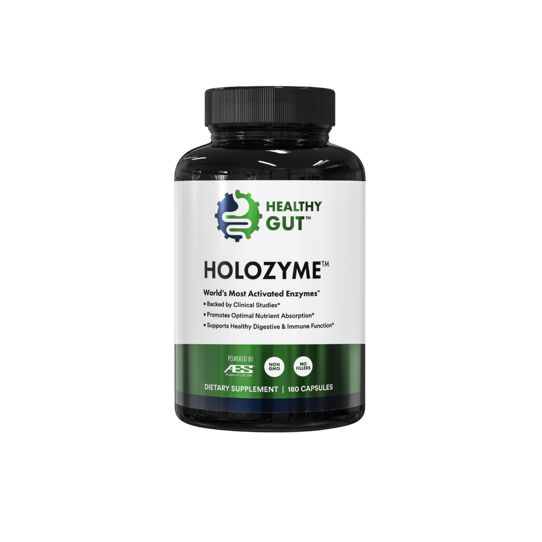 HoloZyme dietary supplement bottle with activated enzymes for digestive and immune health support