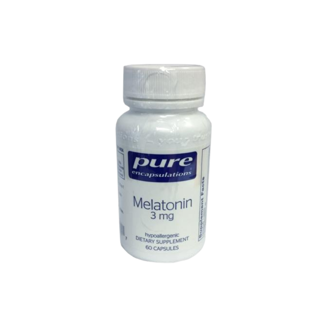 Bottle of Pure Encapsulations Melatonin 3mg dietary supplement with 60 hypoallergenic capsules for sleep and antioxidant support