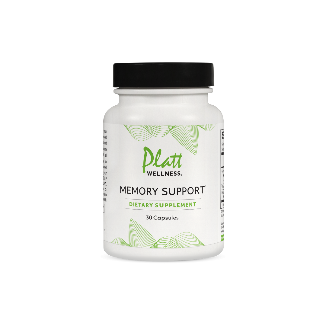 Platt Wellness Memory Support dietary supplement bottle with 30 capsules for brain health and memory enhancement
