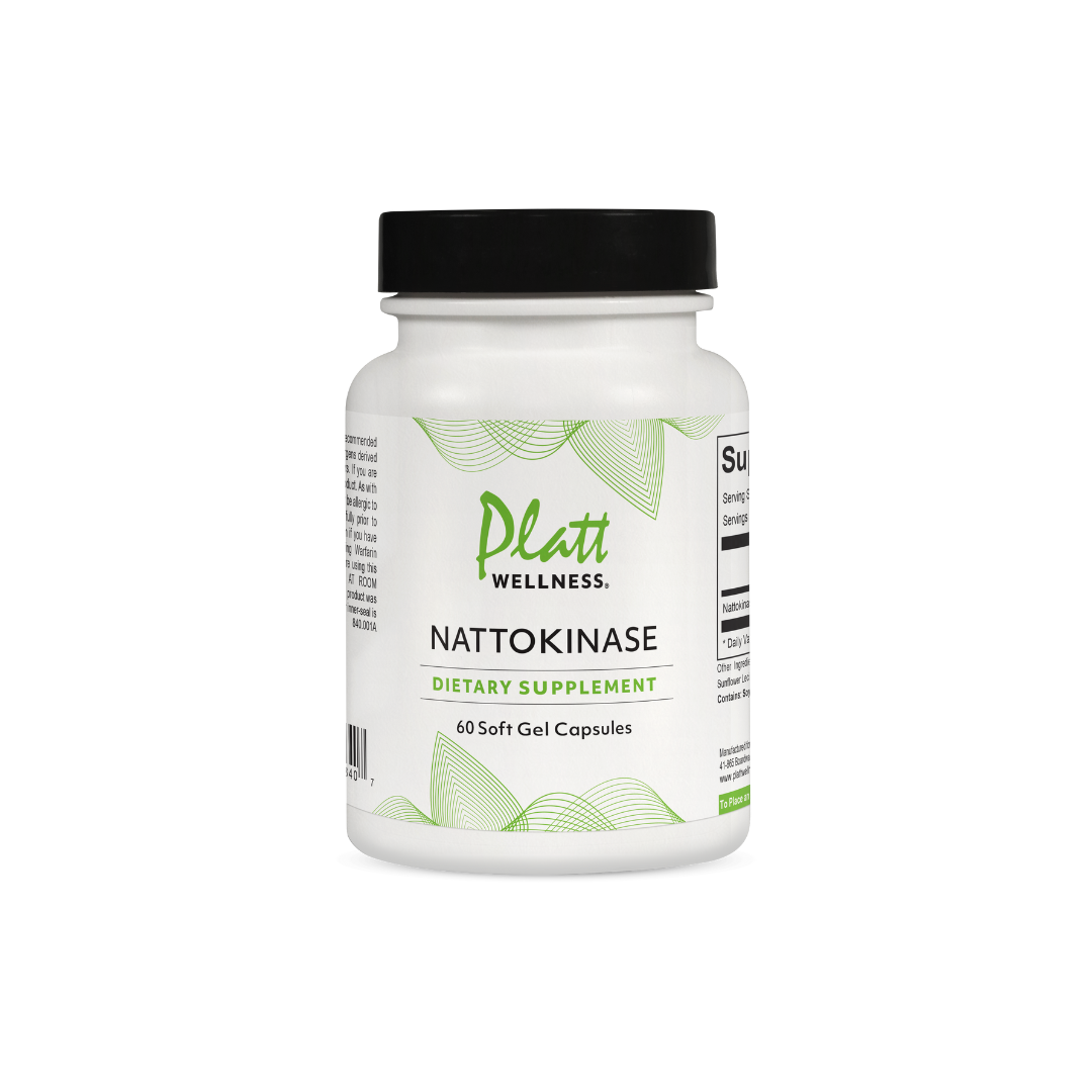 Platt Wellness Nattokinase dietary supplement bottle with 60 soft gel capsules for healthy heart support