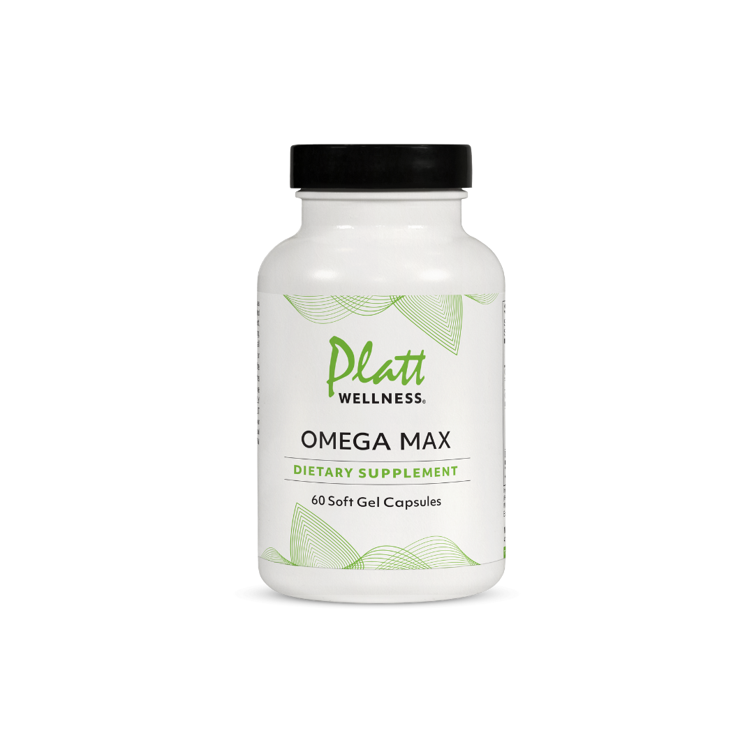 Platt Wellness Omega Max dietary supplement bottle with 60 soft gel capsules for heart health and inflammation reduction