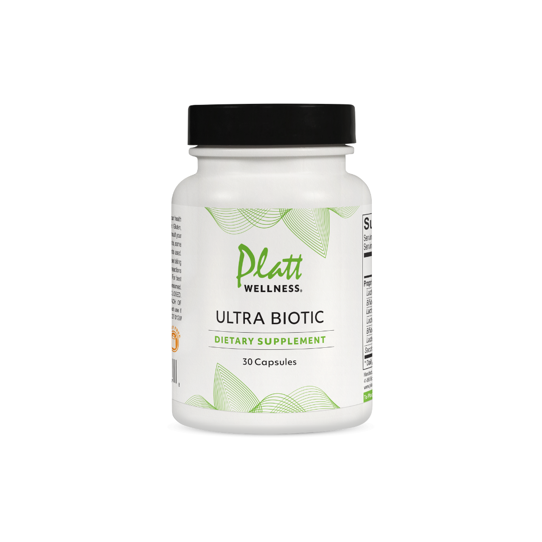 Platt Wellness Ultra Biotic probiotic dietary supplement bottle with 30 capsules for digestive and immune health.
