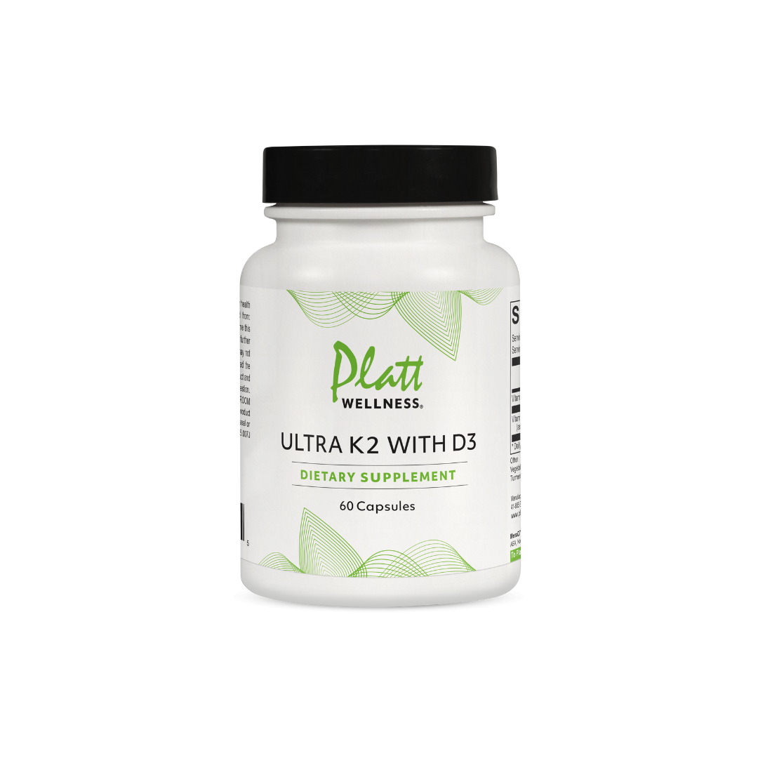 Platt Wellness Ultra K2 with D3 dietary supplement bottle with 60 capsules for bone, heart, and immune support featuring Vitamin K2 D3.