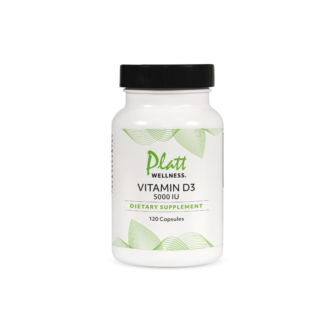 Bottle of Platt Wellness Vitamin D3 5000 IU dietary supplement with 120 capsules for immune and bone health support