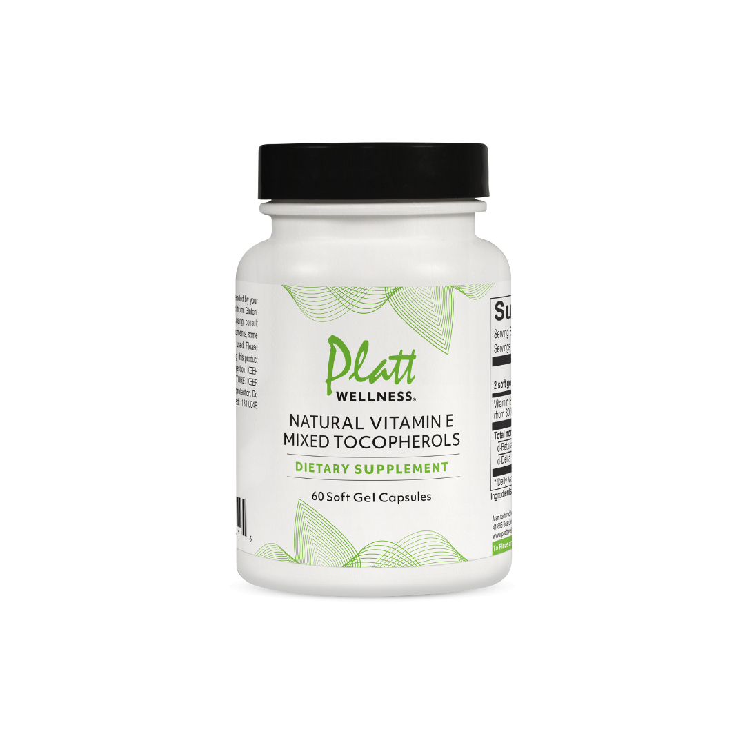 Platt Wellness Natural Vitamin E Mixed Tocopherols dietary supplement bottle with 60 soft gel capsules