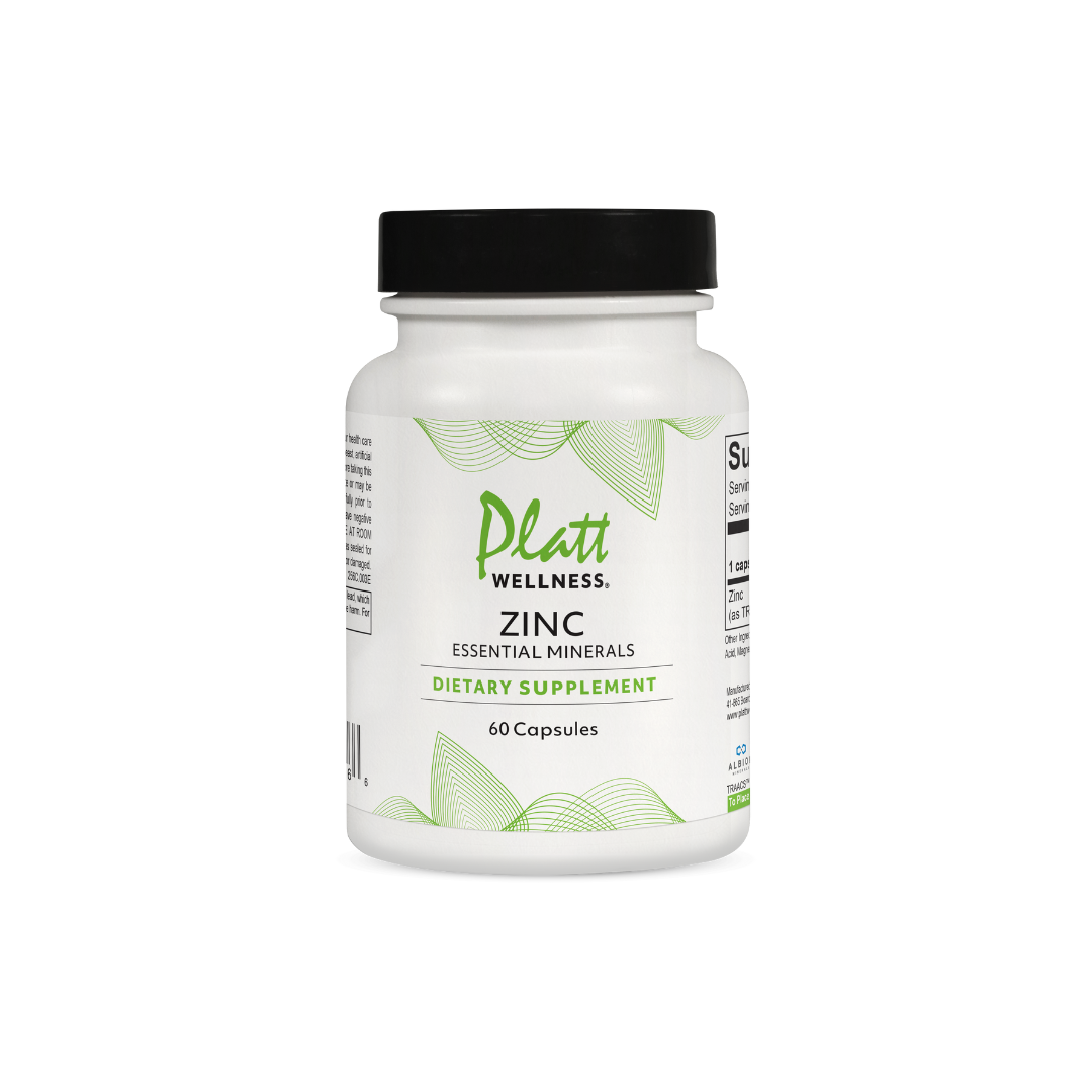 Platt Wellness Zinc essential mineral dietary supplement bottle with 60 capsules