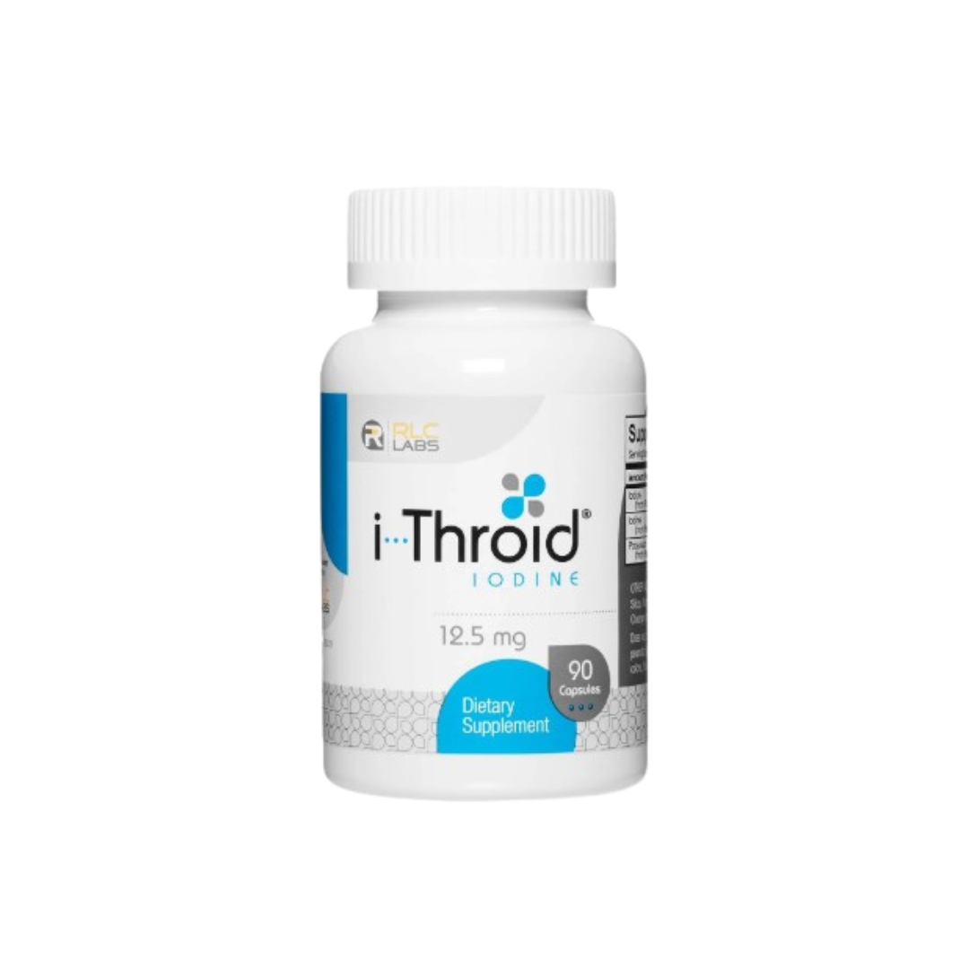 Bottle of i-Throid® Iodine dietary supplement capsules supporting thyroid health and hormone balance