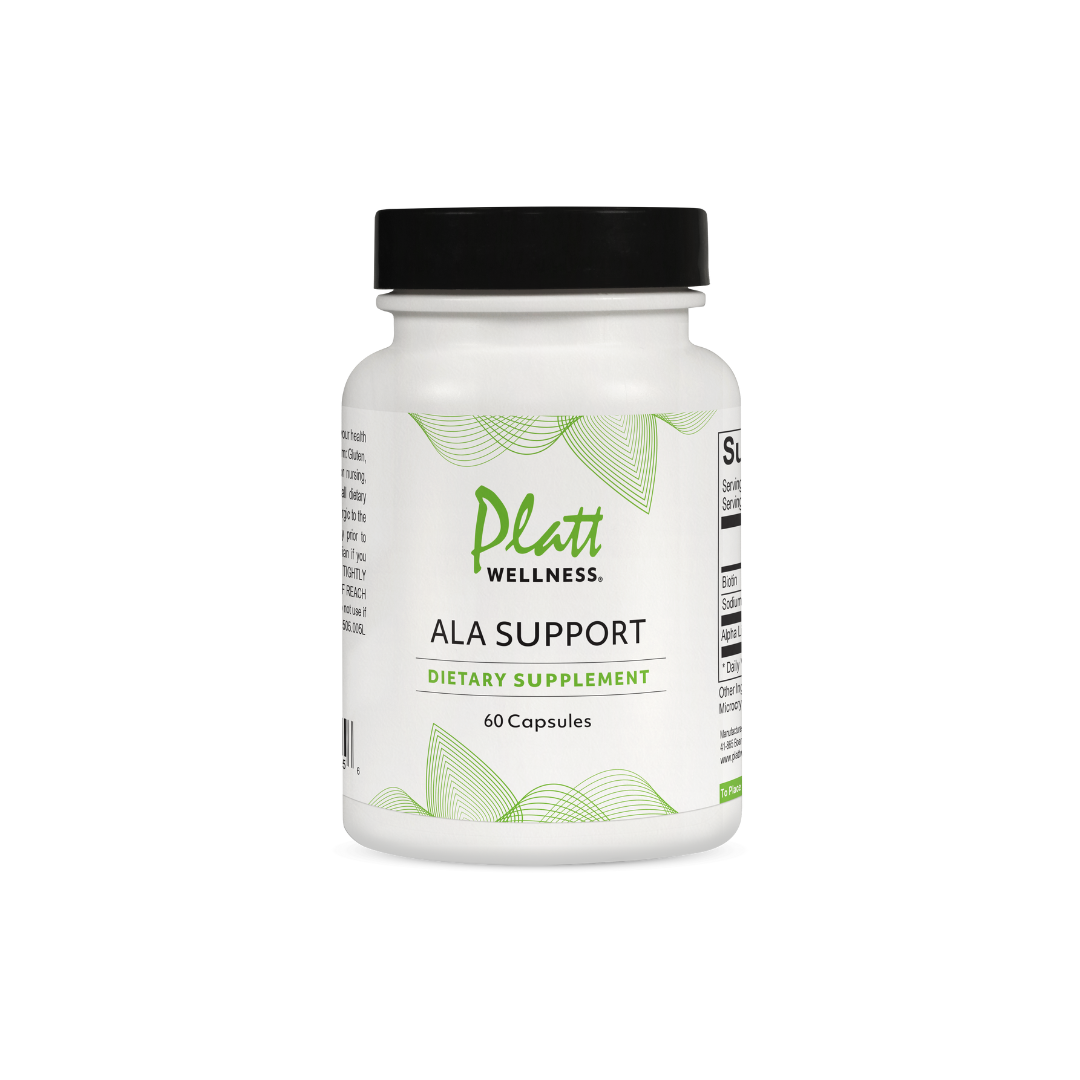 White bottle of Platt Wellness Alpha Lipoic Acid (ALA) dietary supplement with 60 capsules for antioxidant support