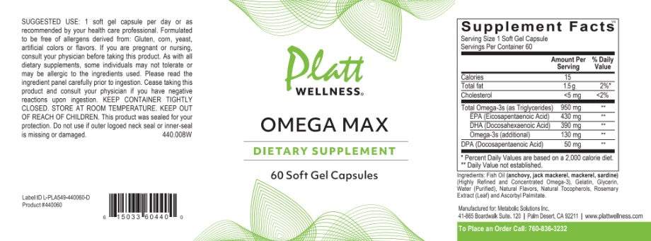 Omega Max dietary supplement bottle with 60 soft gel capsules, rich in Omega-3 fatty acids EPA and DHA for heart health and inflammation reduction.