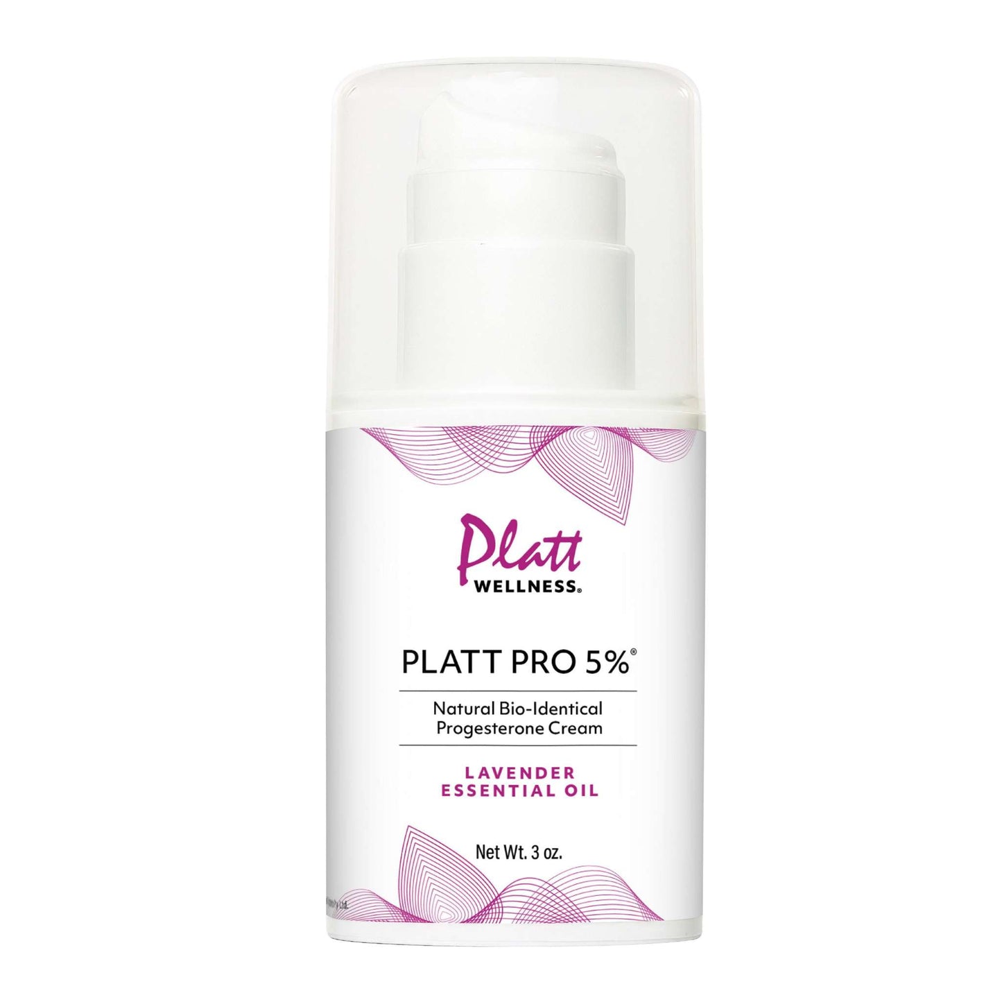 Platt PRO 5% bio-identical progesterone cream with lavender essential oil in a 3 oz pump bottle for hormonal balance and well-being