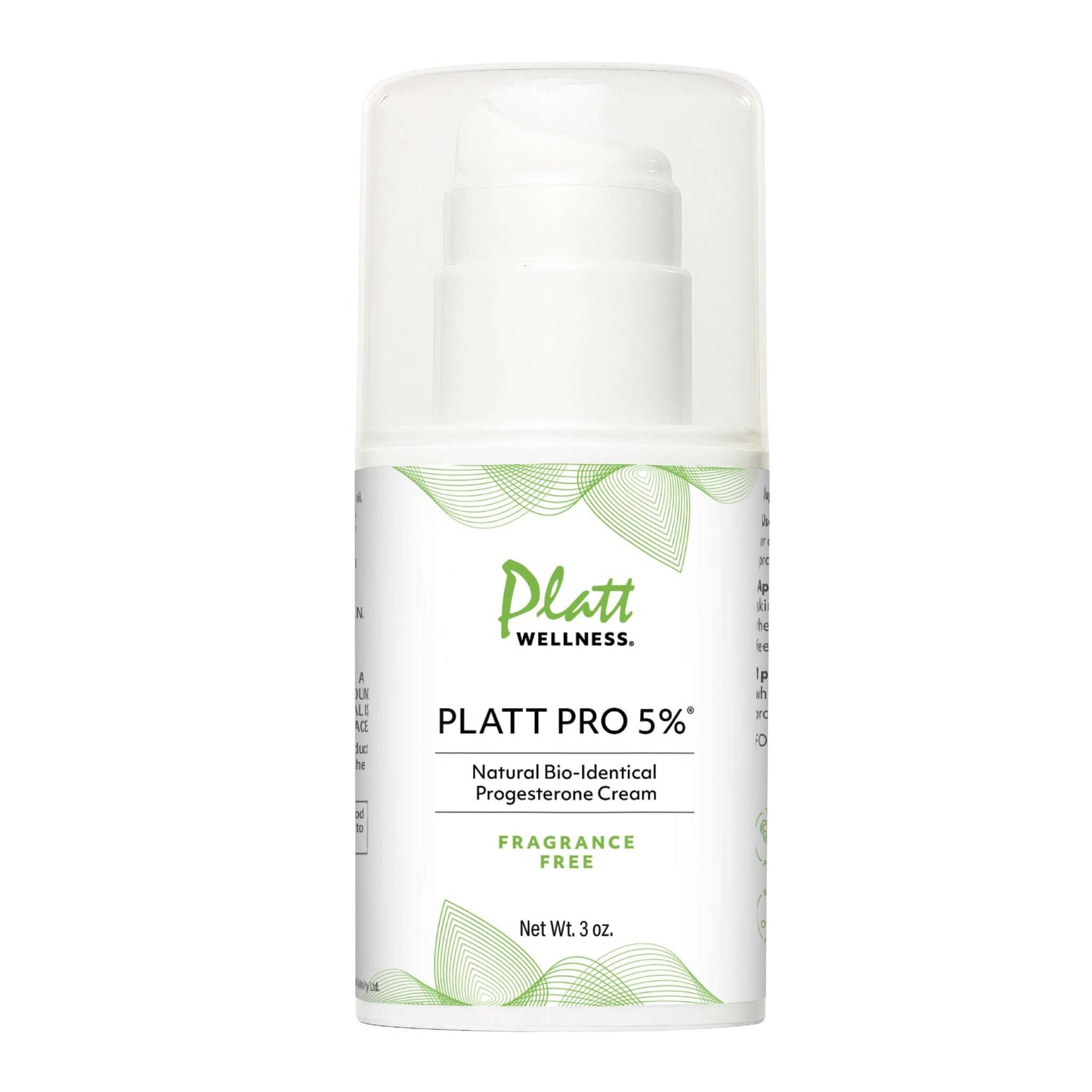 Platt Pro 5% fragrance-free natural bioidentical progesterone cream in a white pump bottle