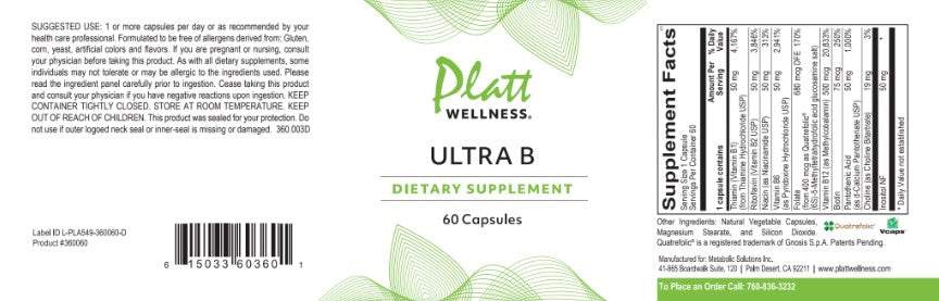 B-Complex Ultra B dietary supplement label showing ingredients, supplement facts, and usage information for 60 capsules.