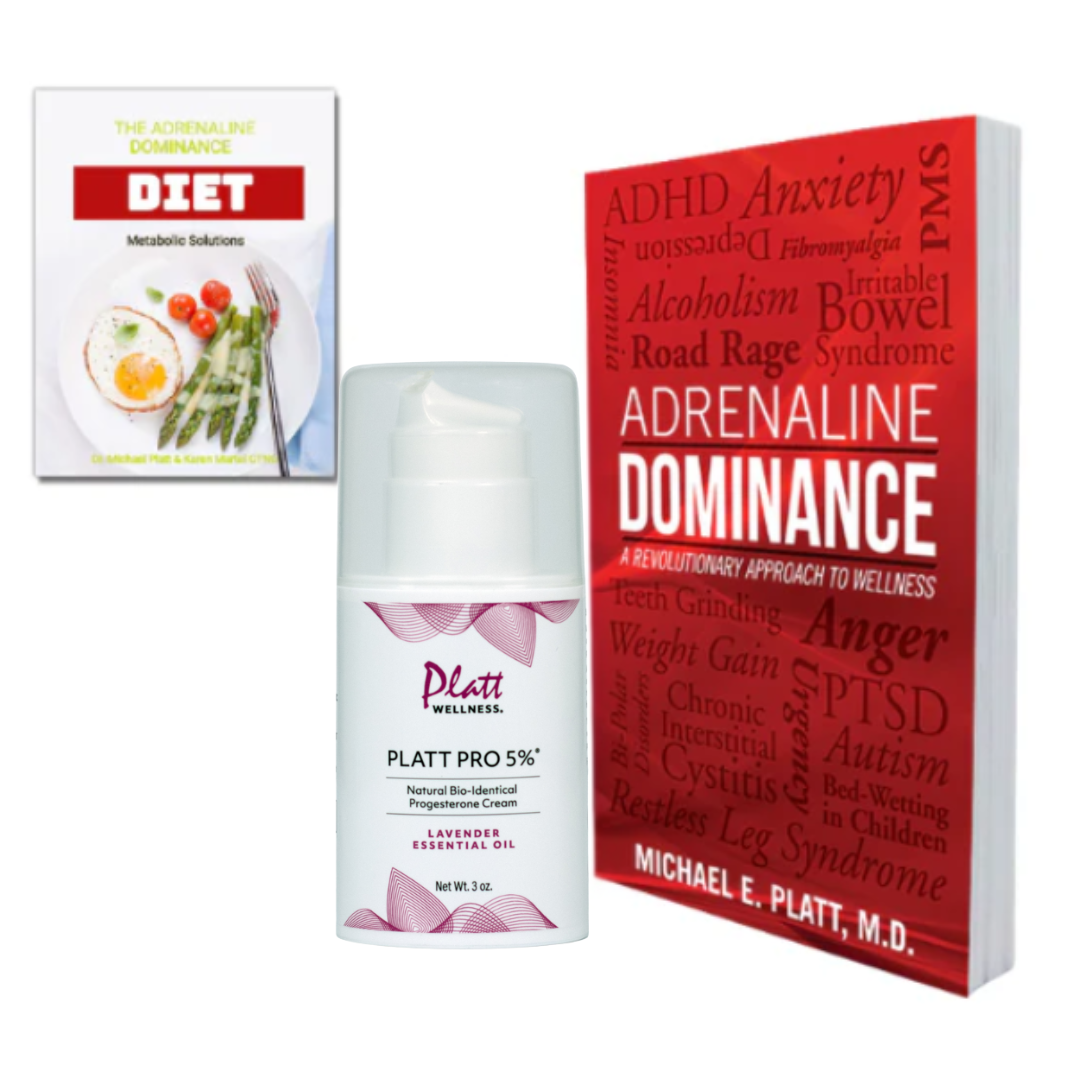 Adrenaline Dominance Bundle with Platt Pro 5% progesterone cream, Adrenaline Dominance book, and digital meal plan.