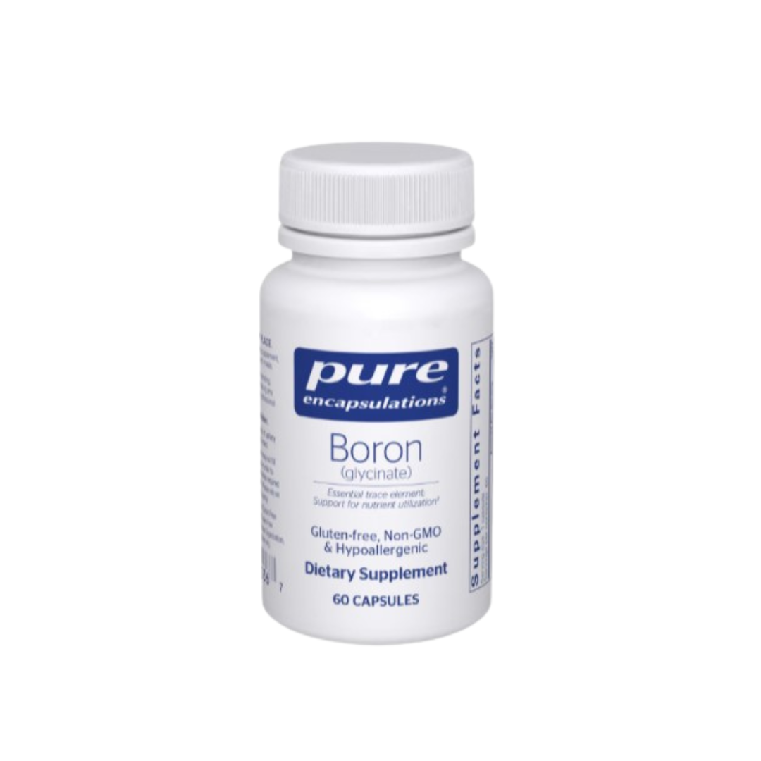 Pure Encapsulations Boron Glycinate dietary supplement bottle with 60 vegan capsules for bone and hormone support
