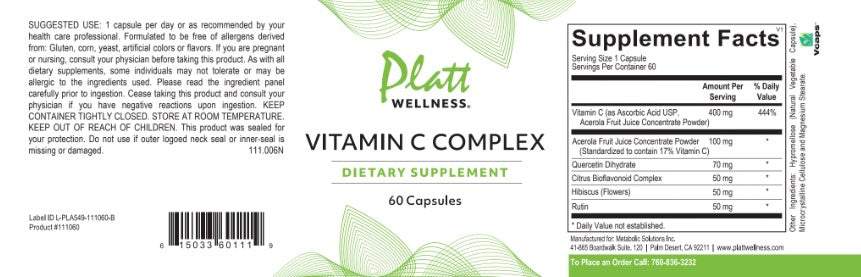 Vitamin C Complex dietary supplement bottle label showing ingredients and supplement facts for immune support and collagen synthesis.
