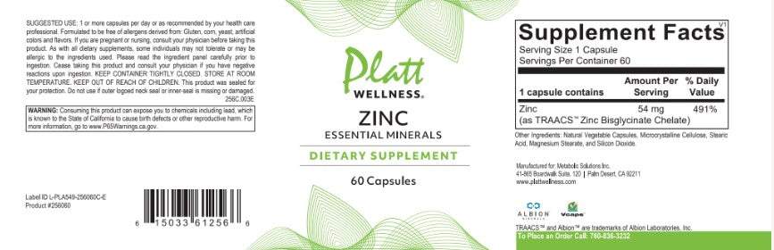 Zinc essential minerals dietary supplement bottle with 60 capsules and supplement facts label.