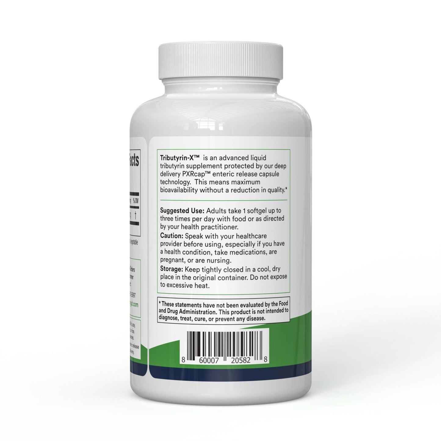 Tributyrin liquid supplement bottle for microbiome and immune support with RXCAP capsule technology