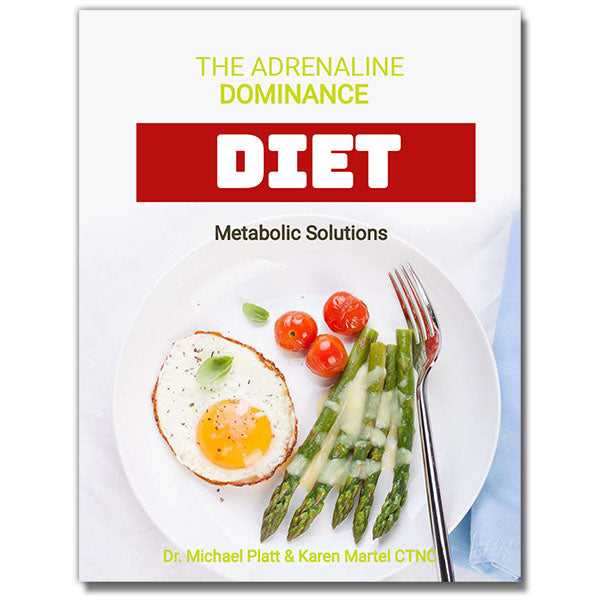 Cover of the Adrenaline Dominance Diet 30-day meal plan showing a plate with fried egg, cherry tomatoes, and asparagus on a white background.
