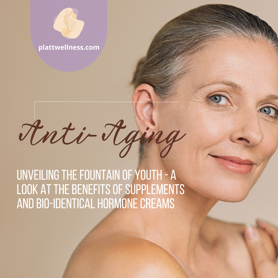 Assortment of anti-aging supplements and bio-identical hormone creams promoting youthful skin and vitality
