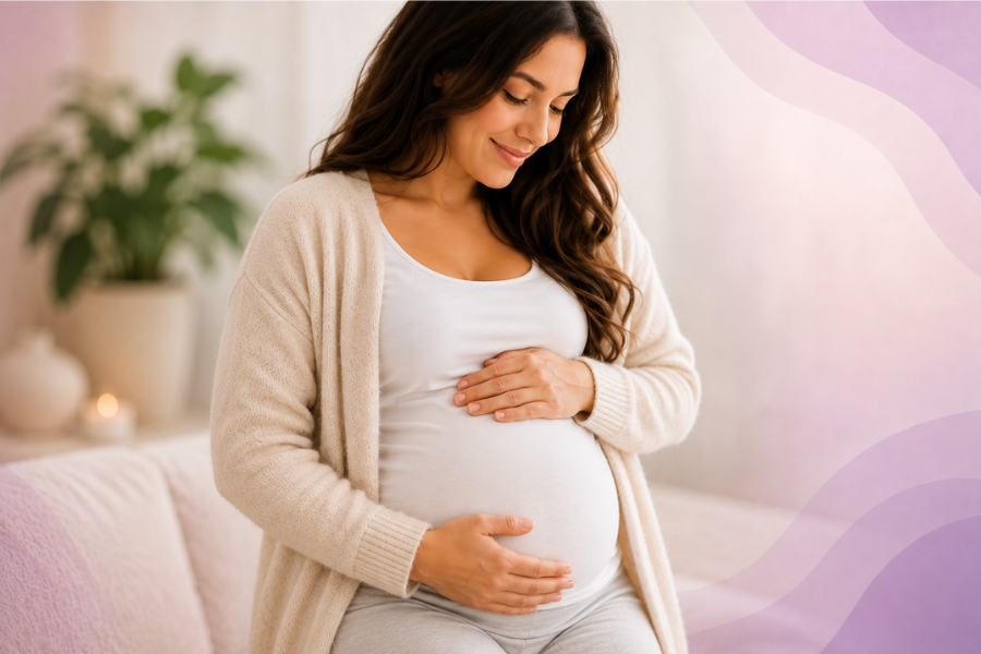 Pregnant woman gently holding her baby bump in a softly lit, pastel-toned room with a calm lavender background and warm natural light.