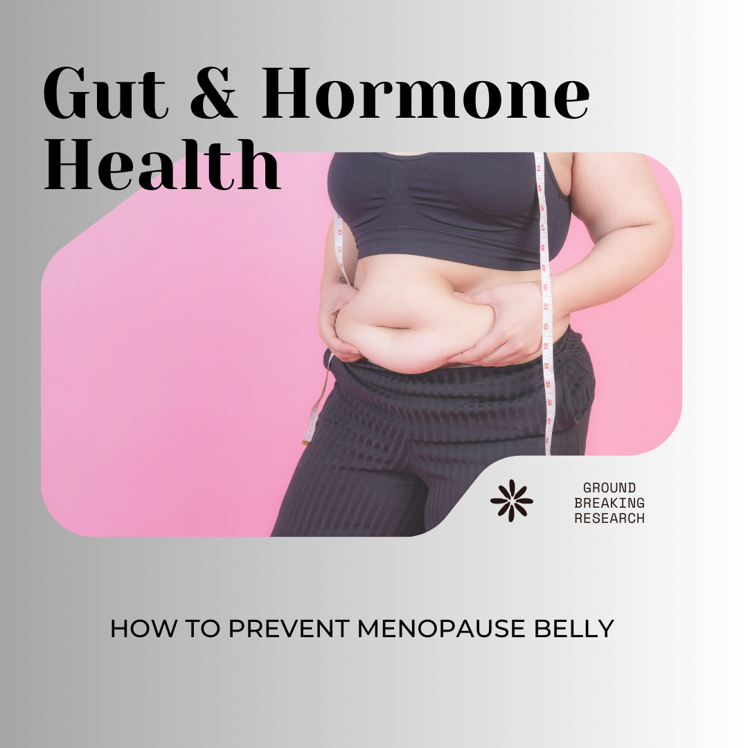 Diagram showing how hormones affect the gut microbiome and contribute to menopause belly and digestive symptoms