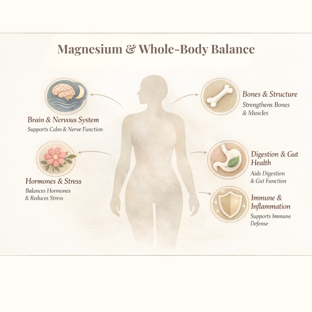 Magnesium benefits infographic showing support for brain and nervous system, hormone balance, bone strength, digestion, and immune health.